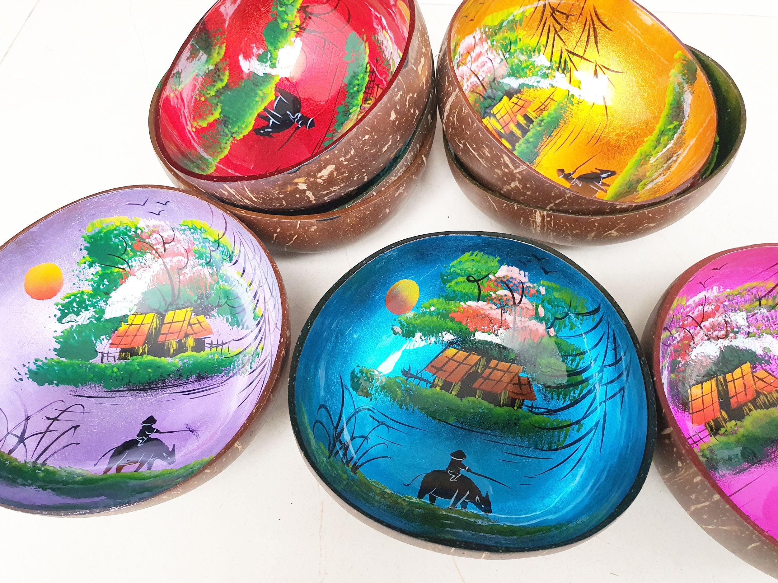 Vietnamese Handmade Coconut Bowl – Hand-Painted Village Art